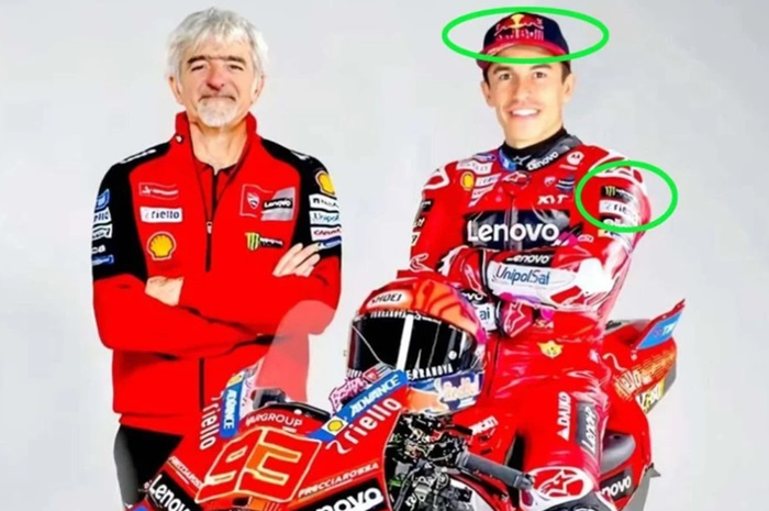 Foto editan Marc Marquez berseragam tim pabrikan Ducati Lenovo MotoGP (kanan) bersama Luigi Dall'Igna (kiri).