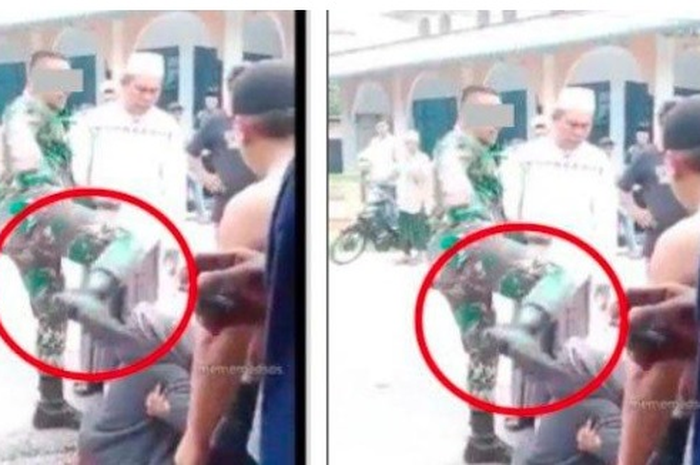 Seorang prajurit TNI menendang seorang perempuan setelah menabrak motornya sampai terjatuh di Sumatera Utara, warga berhamburan.