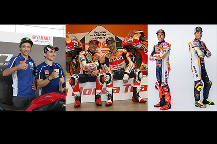 Selain Ducati, deretan skuat yang duetkan 2 pembalap juara dunia; Yamaha 2013-2017 (kiri), Honda 2019 (tengah) dan Honda 2023 (kanan)