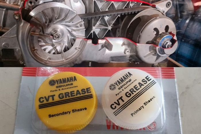 Foto ilustrasi CVT elektronik Yamaha NMAX Turbo 2024 dan grease.