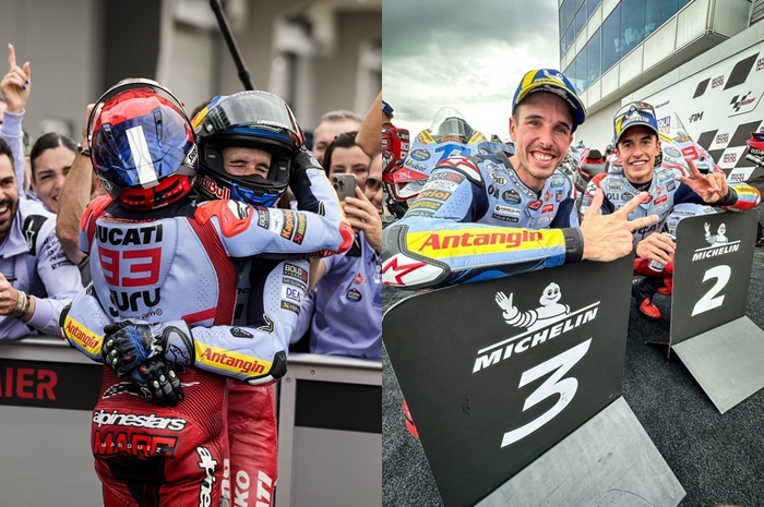 Perayaan podium Marc Marquez dan Alex Marquez di MotoGP Jerman 2024.