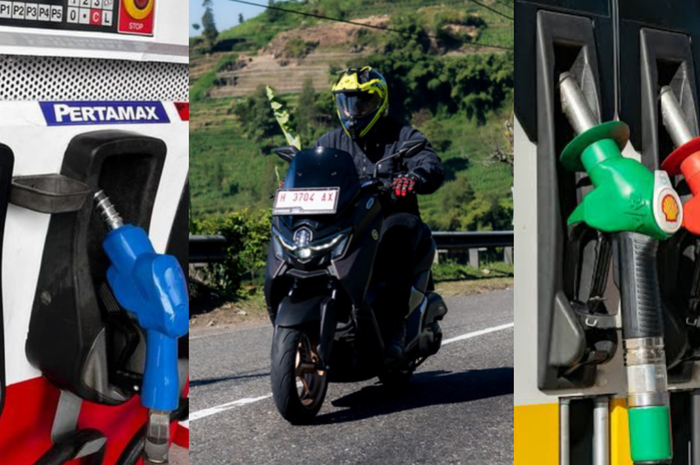 Ilustrasi Pertamax (kiri), Yamaha NMAX Turbo (tengah) dan Shell Super (kanan). 