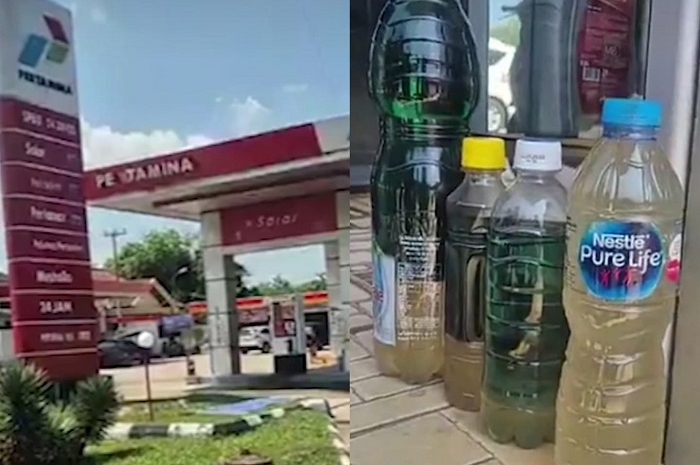 SPBU Pertamina Prabumulih, Sumatera Selatan (kiri) dan BBM Pertalite campur air (kanan).