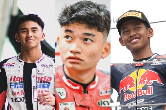 Pembalap Indonesia Mario Aji (kiri), Fadillah Arbi Aditama (tengah), Veda Ega Pratama (kanan).