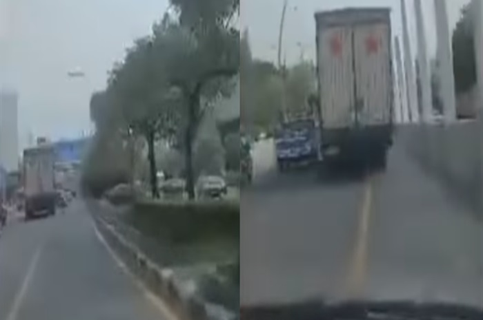 Momen ugal-ugalan terduga sopir truk yang tabrak motor dan mobil, sudah terlihat dari Bekasi.
