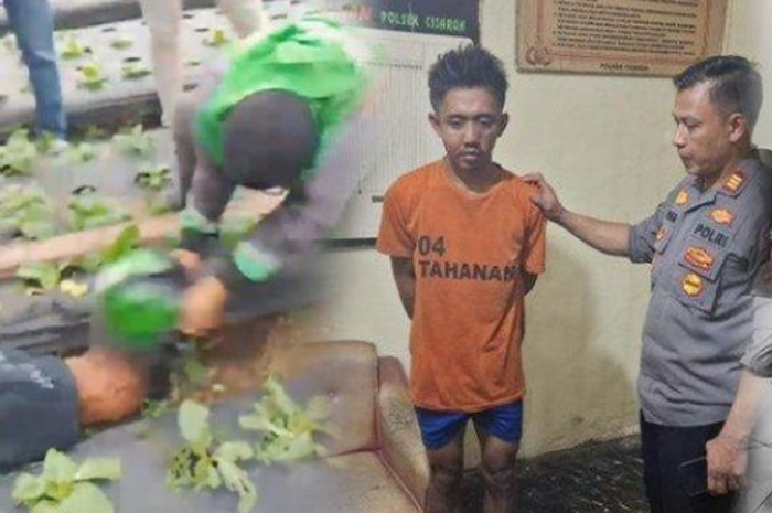 Seorang pemuda diikat tangannya dan dipukuli helm di tengah kebun setelah membegal driver ojek online (ojol) di Bandung Barat.