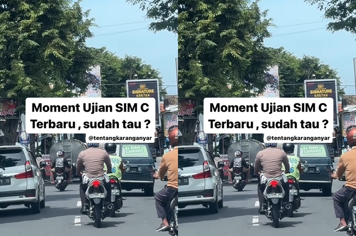 Seorang polisi mengikuti pemotor yang sedang mengikuti ujian SIM C.