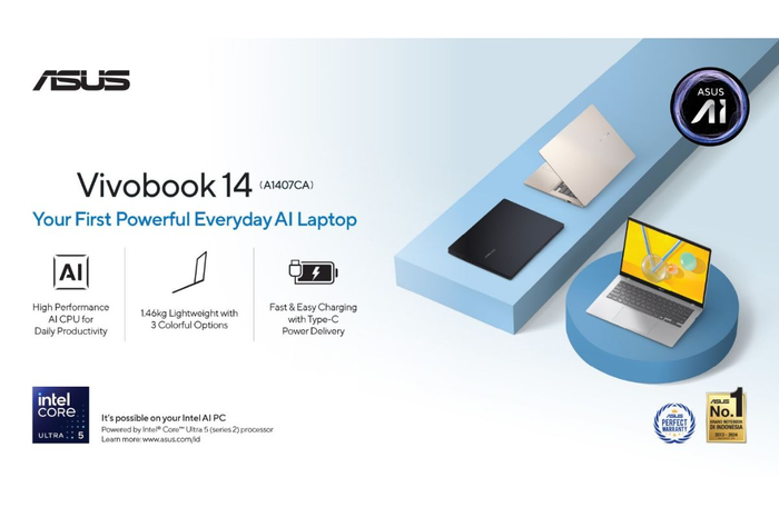 ASUS memperkenalkan ASUS Vivobook 14 (A1407CA), laptop AI dengan Intel Core Ultra Series 2 yang kini hadir dengan harga makin terjangkau