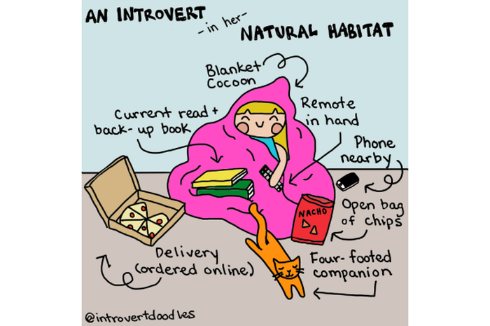 10 Ilustrasi Kocak Tentang Karakter & Kebiasaan Cewek Introvert Dalam Kehidupan Sehari-hari. Gambar: introvertdoodle