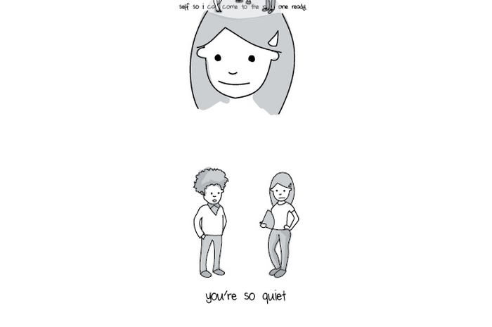 6 Ilustrasi Lucu Tentang Apa yang Sebenarnya Ada di Pikiran Orang Introvert. Gambar: Liz Fosselien 