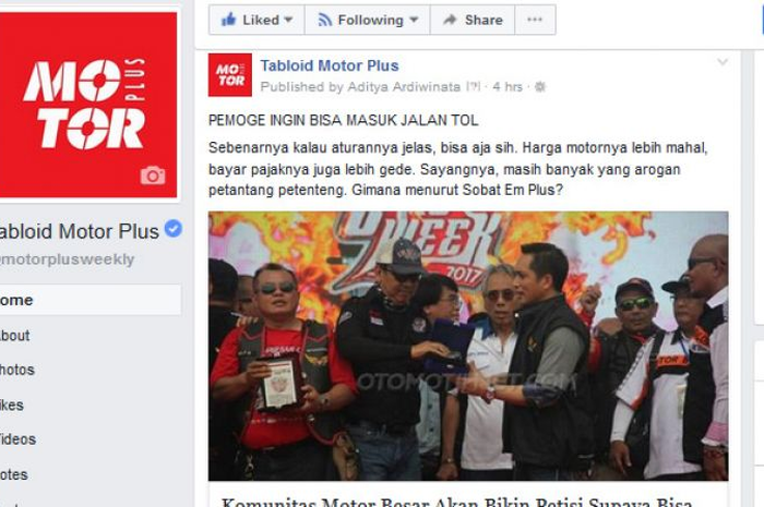 Ada rencana bikers pemakai moge membuat petisi supaya bisa masuk jalan tol. Apa tanggapan netizen di fanpage MOTOR Plus?