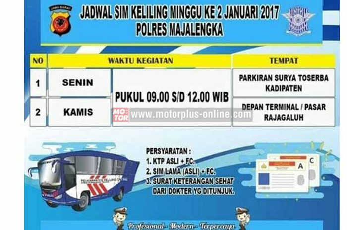 Untuk warga masyarakat yang tinggal di seputaran Majalengka, Jawa Barat, dan sekitarnya, berikut adalah jadwal resmi untuk pelayanan SIM Keliling dari Polres Majalengka, Jawa Barat. Biar enggak salah jadwal dan tempat kalau mau perpanjang SIM.