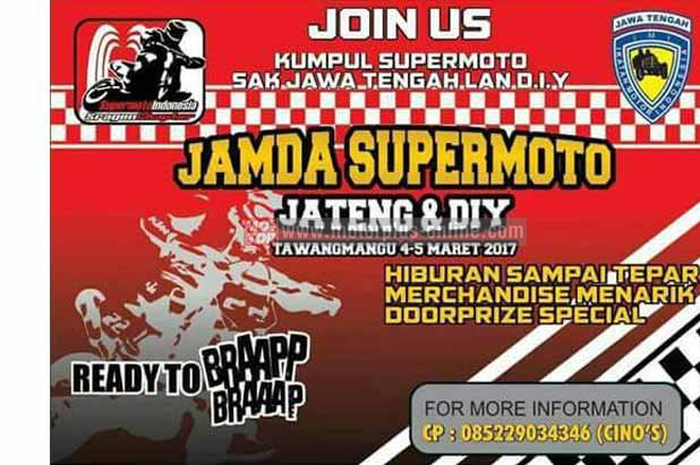 Pasukan Sumo alias Supermoto silahkan rapatkan barisan. Yupz, Supermoto Indonesia (SMI) akan menggelar Jambore Daerah (Jamda) untuk wilayah Jawa Tengah dan D.I.Y. Acara akan diselenggarakan pada