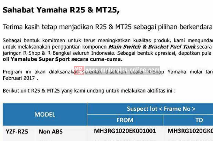 Setelah sebelumnya Yamaha Jepang mengumumkan recall di bagian oil pump assy, front brake hose, dan plate assy, Yamaha YZF-R25 dan MT25 di recall lagi.