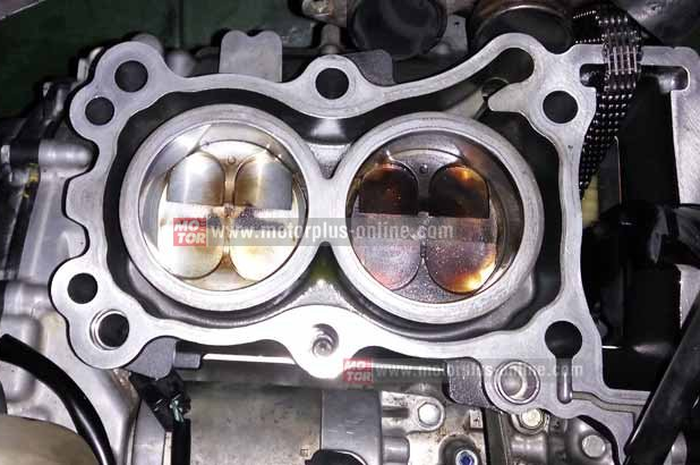 Untuk mengail bobot piston yang ringan, kepala piston dibubut sebanyak 1 mm. Lalu piston bibir diset mendem 0,6 mm saat berada di TMA. Nah, pembubutan kepala piston tadi, ketika diburet membuat kompresinya jadi 11 : 1.