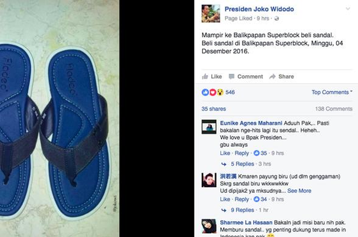 sandal jepit biru jokowi yang diunggah di Twitter resminya.