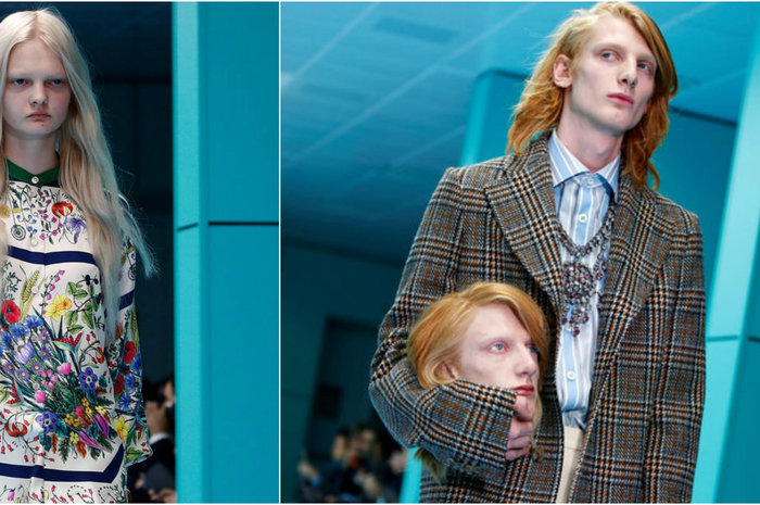 Situasi catwalk dan penampilan para model Gucci yang paling mencuri perhatian. Mereka memasuki area catwalk dengan membawa potongan "kepala" mereka sendiri!