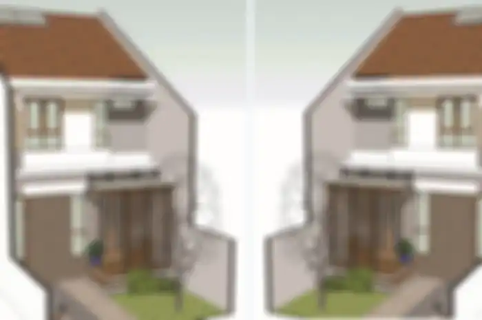 Tampak depan hasil ide renovasi rumah tipe 49. Sebagai pemanis, bagian depan teras ditutup dengan bilah-bilah kayu horisontal semitransparan yang sekaligus sebagai penghalang sinar matahari.
