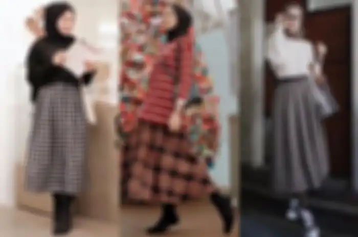 Tren gaya hijab 2019 dengan paduan rok motif kotak-kotak ala selebgram hijab