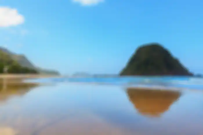View of Red island beach ( pantai Pulau merah ) in Banyuwangi in Indonesia. Walking along sea surf b