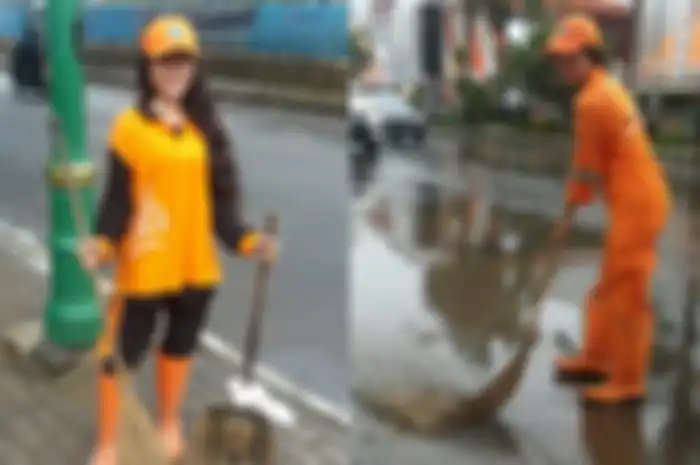 Sellha Purba selalu tampil menarik saat bekerja sebagai tugas kebersihan.