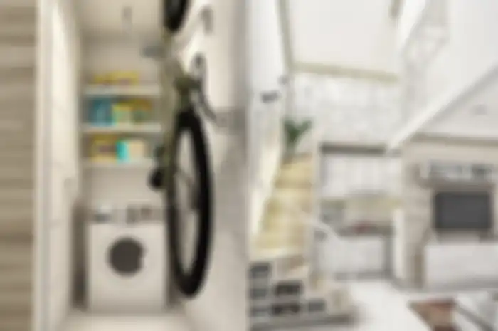 Desain kompak ruang cuci dan dapur. setiap jengkal dimanfaatkan untuk penyimpanan. 