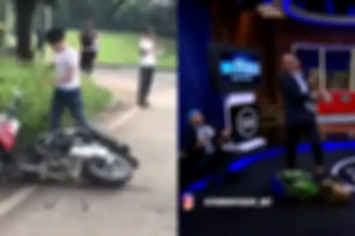 Adi Saputra, pria yang membanting motor saat ditilang menangis saat dijadikan tersangka di Mapolres Tangerang Selatan, Jumat (8/2/2019). Diparodikan artis Vincent Rompies di acara Tonight Show di NET TV.