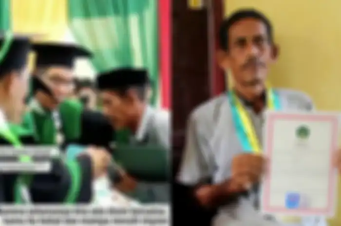 Bukhari (65), ayah almarhumah Rina Muharami mahasiswi UIN yang diwakili ayahnya saat mengikuti Wisuda di gedung Auditorium Ali Hasyimi, UIN Ar-Raniry Banda Aceh, Rabu (27/02/2018)