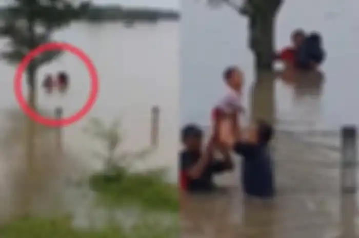 Detik-detik Menegangkan Pengendara Mobil Selamatkan Satu Keluarga yang Terjebak Banjir Madiun