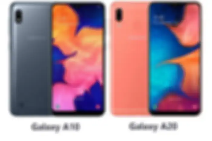 Samsung Galaxy A10 warna hitam dan A20 warna merah