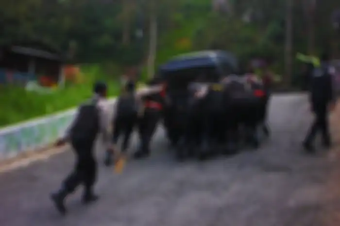 Anggota Kepolisian Resor Magetan yang bertugas sebagai tim pengganjal ban di tikungan dan tanjakan curam di jalur Telaga Sarangan