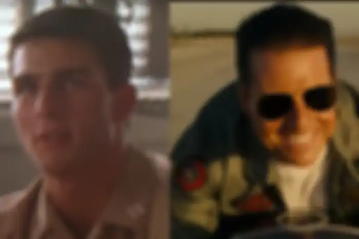 Tom Cruise di film Top Gun 1986 (kiri) dan Top Gun: Maverick 2020 (kanan)