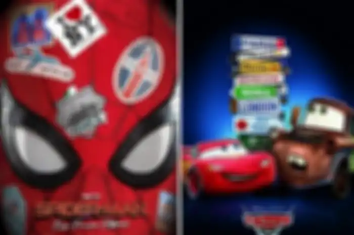 Poster film Spider-Man: Far From Home (kiri) dan Cars 2 (kanan)