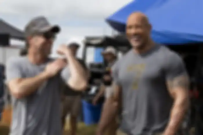 (from left) Director David Leitch and Dwayne Johnson on the set of Fast & Furious Presents: Hobbs & Shaw.