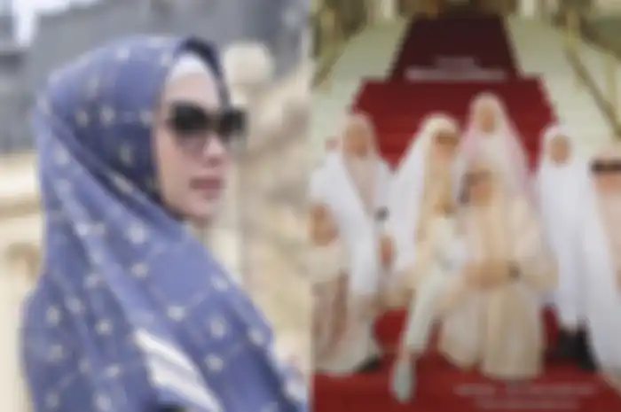 Syahrini kenakan mukena rancangannya saat salat ied.