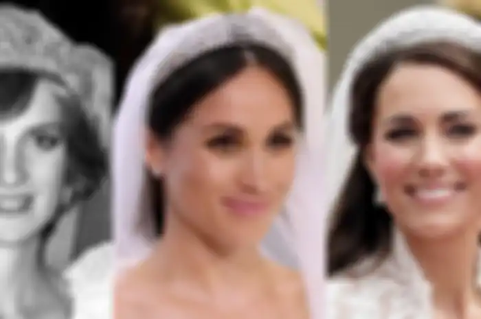 Putri Diana, Meghan Markle, dan Kate Middleton saat menggunakan tiara di hari pernikahan mereka.