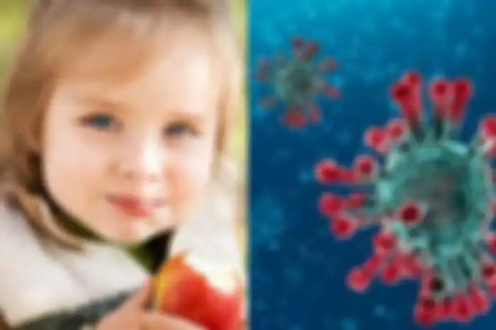 ilustrasi virus korona dan anak kecil