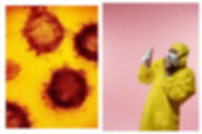 Kolase Virus corona dan ilustrasi semprot disinfektan.