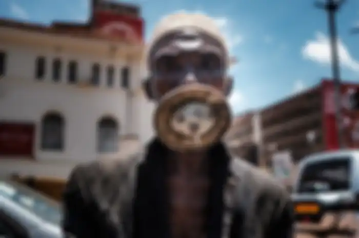 Seorang pria mengenakan semacam masker alternatif di tengah wabah virus corona (Covid-19) di Kampala, Uganda, Rabu (1/4/2020).