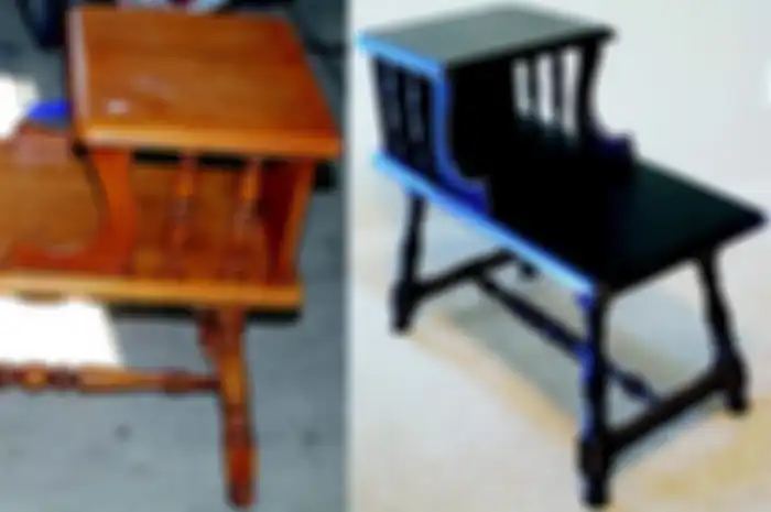 Before and after finishing ulang furnitur kayu dengan cat duco.