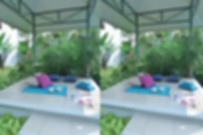 Warna-warni cerah menampah semangat di gazebo modern.