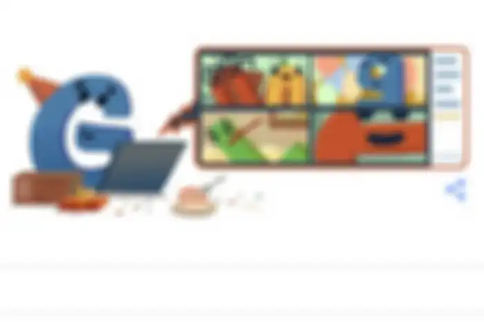 Tangkapan beranda Google memperlihatkan Google Doodles ulang tahun ke-22 dari Google.