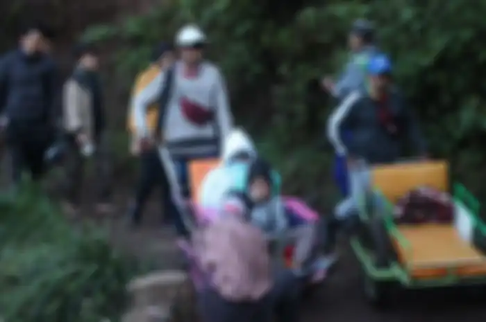 Para ojek troli wisatawan saat mengantarkan tamu naik ke puncak kawah ijen.