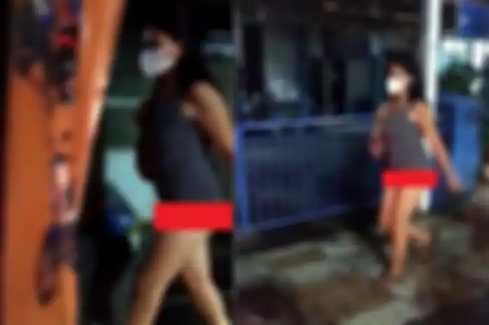 Video yang menunjukan seorang wanita bermasker berjalan santai tanpa mengenakan celana.
