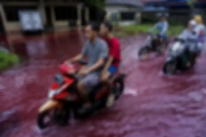 Pengendara motor melintas di jalan perkampungan yang tergenang banjir berwarna merah di Jenggot, Pekalongan, Jawa Tengah, Sabtu (6/2/2021). Menurut warga setempat, air banjir berwarna merah itu disebabkan oleh pencemaran limbah pewarna batik berwarna merah karena di lokasi tersebut terdapat ratusan pelaku usaha batik.