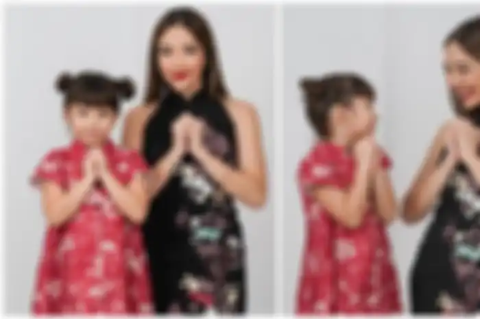 Potret keluarga Gisella Anastasia dalam balutan busana Cheongsam.