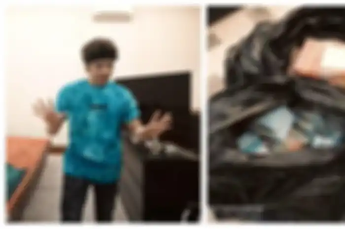 Atta Halilintar syok mendapat uang dua karung yang dibungkus plastik sampah, Sabtu (27/3/2021).   