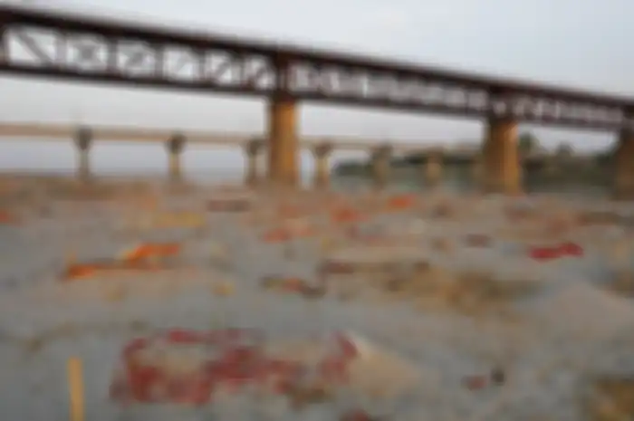 Pemandangan mayat terkubur di pasir dangkal di tepi sungai Gangga di Prayagraj, India. (AP PHOTO/RAJESH KUMAR SINGH)