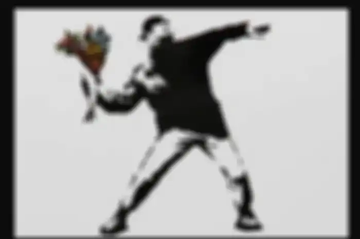 Salah satu karya Banksy, Flower Thrower yang patennya telah dicabut.