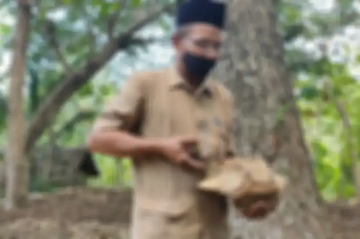 Tumijo, guru olahraga di SMP Negeri 1 Panjatan menemukan batu yang diduga adalah fosil hewan purba.